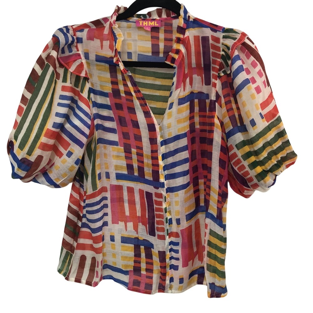 THML Willow Puff Sleeve Top‎ Abstract Striped Ruffle Plaid Boho Bold Womens S